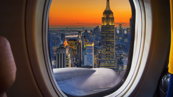 Looking through the window of an airplane