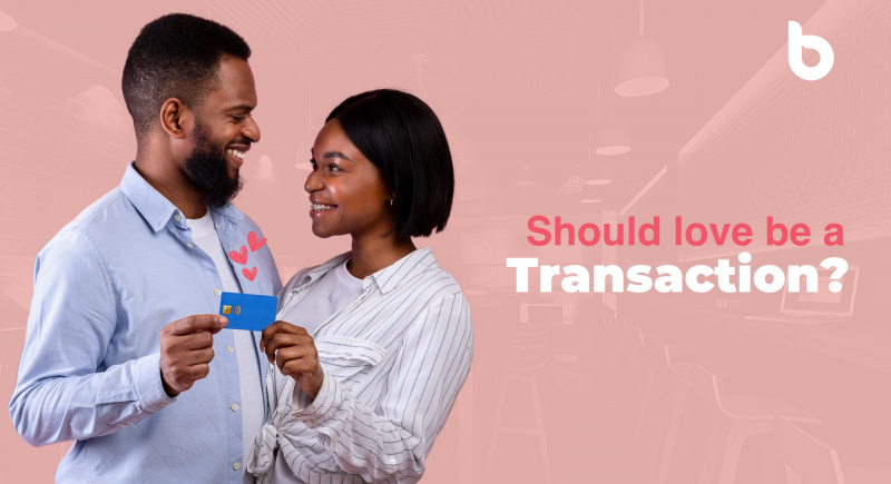 A close up image of a Nigerian couple holding a credit card with a floating writeup by the side asking "Should love be a transaction?"