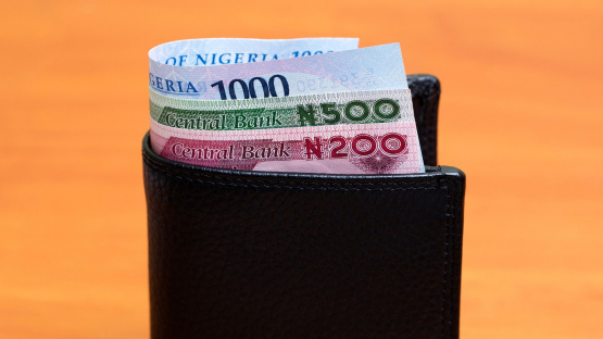 Wads of naira notes in a wallet illustrating the concept of the naira float