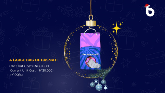 A large bag of basmati rice labeled with Nigerian 12 days of Christmas prices, showing dramatic inflation from ₦60,000 to ₦120,000 for each unit in 2024.