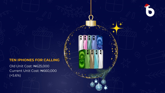 Ten Iphones for Calling labeled with Nigerian 12 days of Christmas prices, showing dramatic inflation from ₦625,000 to ₦660,000 for each unit in 2024.