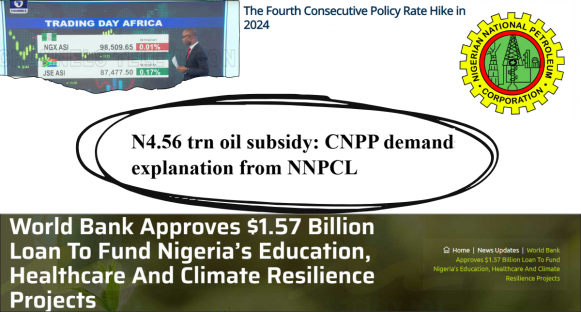 Nigeria economic review 2024: Trading screen showing NGX ASI performance, NNPC oil subsidy investigation news, and World Bank's $1.57 billion loan approval for Nigeria's development projects